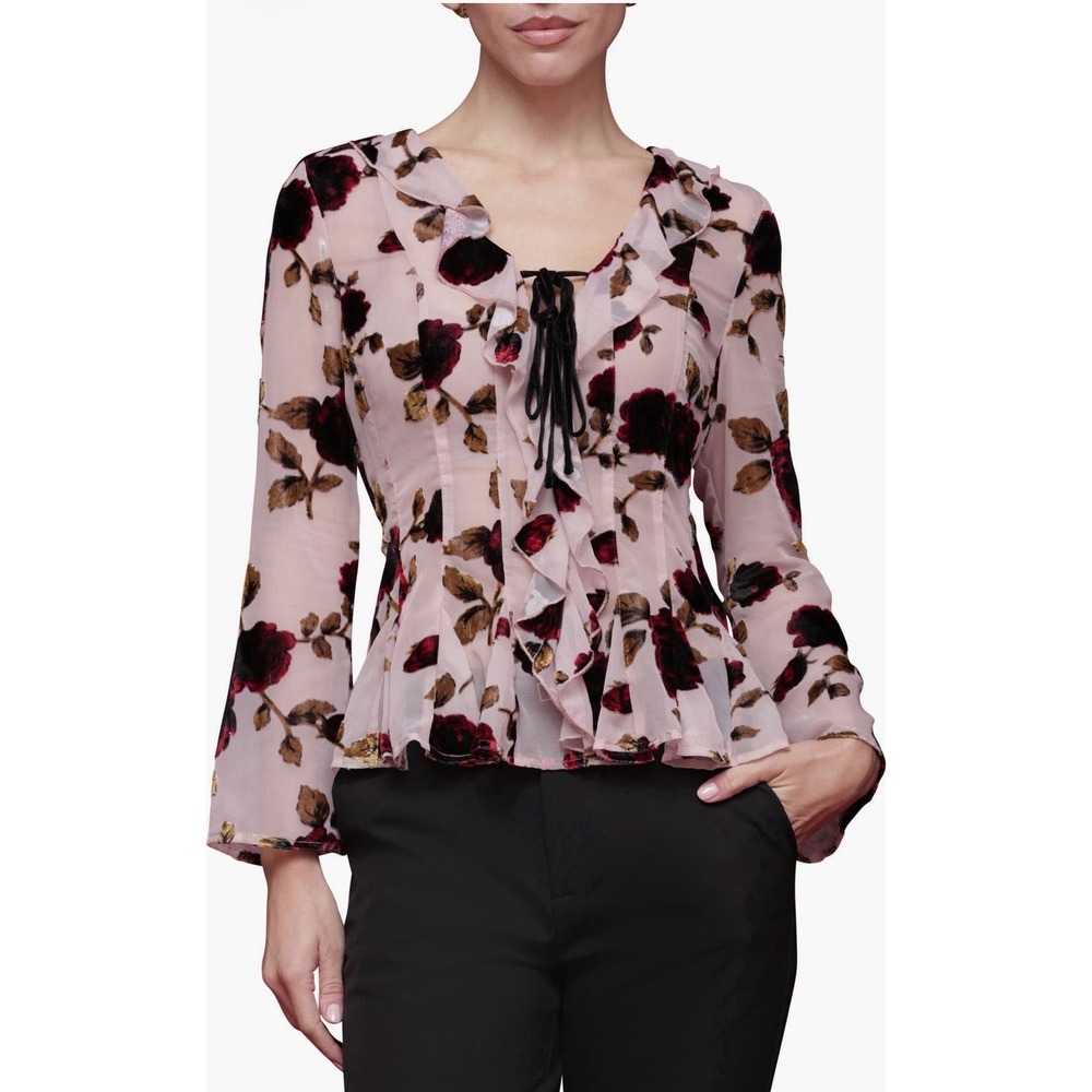 AVEC LES FILLES Rose Burnout Velvet Ruffle Blouse Pink M Romantic Whimsigoth